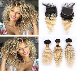 613 Blonde Ombre Brésilienne Vague Profonde Faisceaux de Cheveux avec Fermeture Deux Tons 1B613 Racines Foncées Blonde Ombre Profonde Bouclés Cheveux Humains Offres6245369