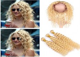 613 Blonds brésiliens Brésiliens Bounles à cheveux humains Brésiliens avec Frontals Fronals Golden Blonde 360 CLOSE FRONTALE DE LACE 225X4X2 AVEC 7116060