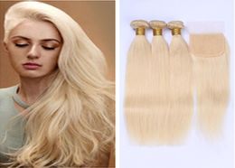 613 Blonde Maagd Haar 3 Stuks Bundels met Clsoure Braziliaanse Virgin Straight Menselijk Haar Weave Goedkope Blonde Braziliaanse Haar Weave Bund9036485