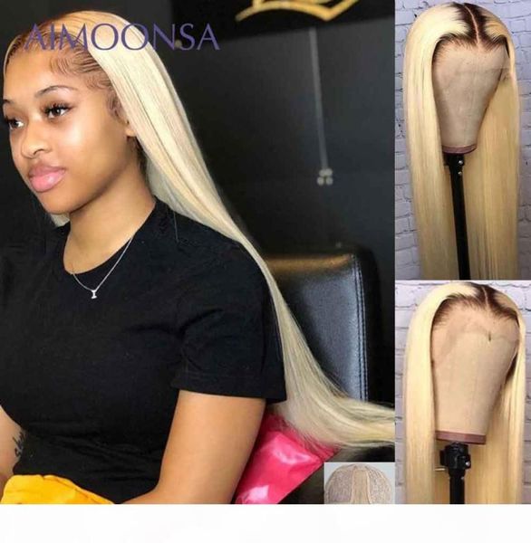 613 Wig Blonde Heuvrages Human ombre Perruque à cheveux humains droits 30 pouces de long Racines noires T Partie Transparente Pernues de dentelle pour femmes Remy 1302933874