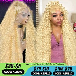 Perruque Lace Frontal Wig Remy brésilienne bouclée à l'eau, cheveux naturels, couleur blond miel 613, 13x6, Transparent HD, 13x4, Loose Deep Wave