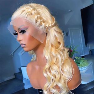 613 Honing Blonde Kleur Braziliaanse Menselijk Haar Pruiken 250% Dichtheid Body Wave Transparante Synthetische Lace Front Pruik Voor Vrouwen