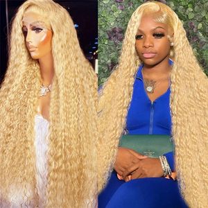 Perruque Lace Frontal Wig Remy naturelle bouclée, cheveux naturels, Deep Wave, blond miel 613, pre-plucked, 13x4 13x6