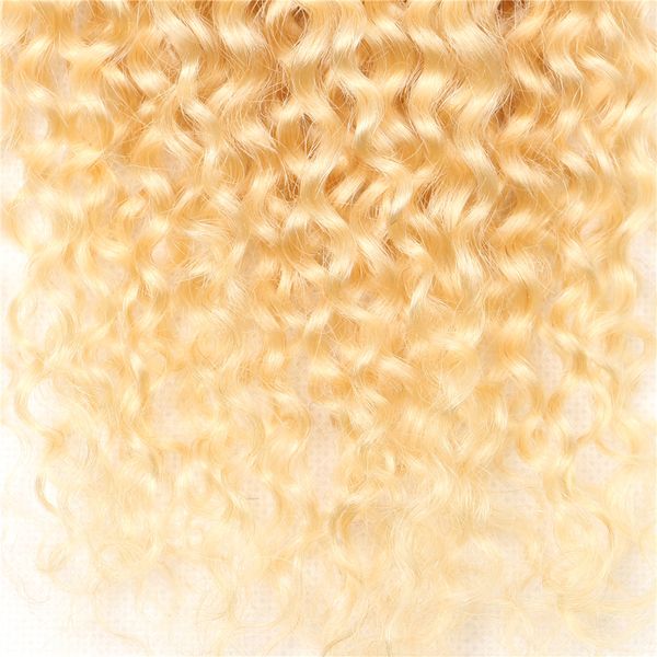 613 Honey Blonde Blonde Curly Curly 4x4 Clôture en dentelle Pièce libre dentelle transparente 100% cheveux humains pré-cueillis avec des cheveux de bébé 10 à 20 pouces