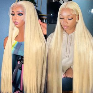 Perruque Lace Frontal Wig 613 naturelle, cheveux naturels, lisses, transparents, sans colle, blond miel, 13x4 Hd, pre-plucked, pour femmes