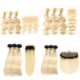 # 613 Peruviaanse body wave 13x4 kant frontaal met bundels platina ombre blonde pre pluzed full lace band frontale sluiting weven
