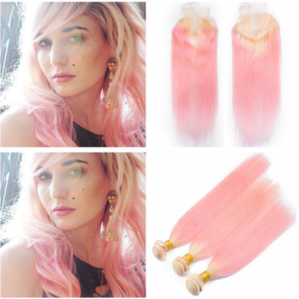 Extensions de cheveux vierges brésiliens n ° 613 / Ombre rose avec fermeture Les cheveux ombrés blonds et roses tout droit 4x4 tissent 3 faisceaux avec fermeture à lacet