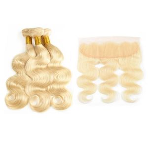 Tissage de cheveux humains brésiliens ondulés, blond platine 613, avec fermeture d'oreille à oreille frontale, avec faisceaux, blond décoloré, Ext6049969