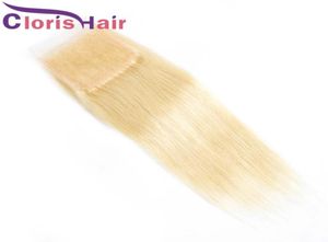 613 Platinum Blonde Fermeture Soie Droite Crue Vierge Indienne Cheveux Humains Partie Suisse Dentelle Top Fermetures Pièce Blond Naturel 4x48541268