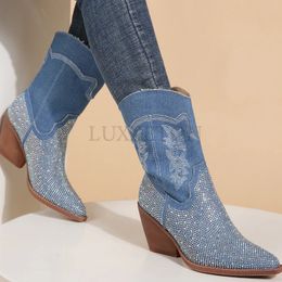 614 Automne Western Cowboy Patchwork Patchwork Winter Toe Sthingestones Mid Chalf Comfy Walking broderie Bothotes 240407 852