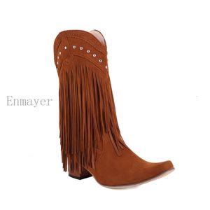 615 Retro Cowboy Rivet Westerntassels Fringe Cowgirl pour vintage Mid Calf Femmes Pink Casual Boots Chaussures