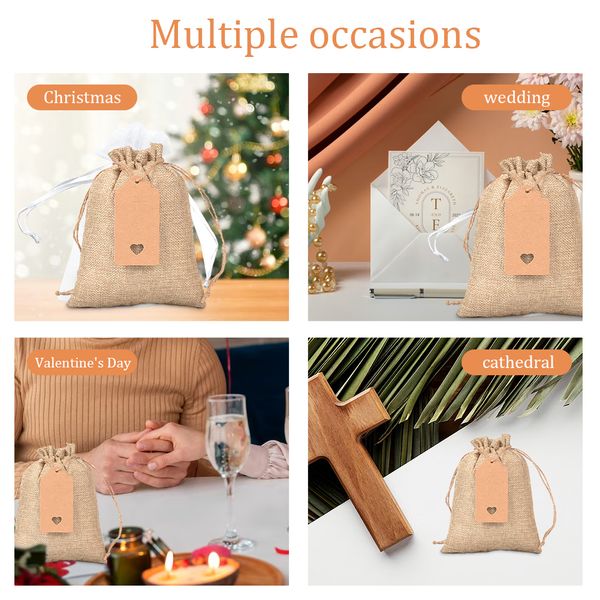 61pcs/set Bolsa con cordón con etiqueta de papel Pendientes de joyería de joyería Pollo de almacenamiento de la navidad Bolsa de dulces Boda Boda de tela Packing Regalo de regalo