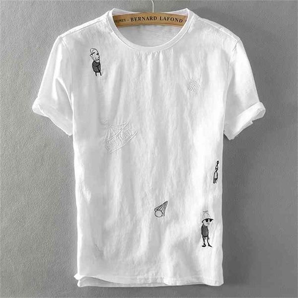 6217 Hombres Moda de verano Japón Estilo Divertido Dibujos animados Bordado Algodón Lino Fino Transpirable Camiseta Hombre Casual Jersey Tops Tees 210716