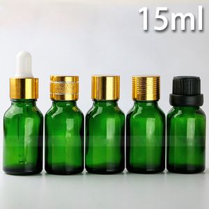 624 Pcs Lot Green Glass Dropper Bottles 15ml Essential Oil Glass Pipette Container with Gold Cap Black Cap