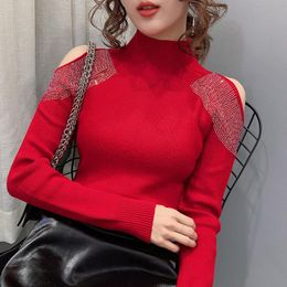 #6294 Red Wit Black Beige Off Shoulder Sweater Vrouwen Turtleneck pullovers sexy Slim Basic Female Diamonds Fashion Women's Sweaters