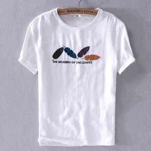 6294 Linge d'été Tissu naturel manches courtes Hommes Daily Broderie branchée Casual Respirant Respirant Skin T-shirts H1218