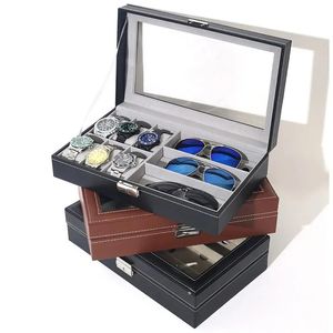 Caja de reloj y gafas de sol con 63 ranuras, caja de reloj de cuero PU de lujo, caja de almacenamiento para exhibición de gafas, almacenamiento de joyería 240129
