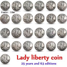 Ensemble complet américain de 63 pièces de pièces de monnaie artisanales de couleur ancienne lady liberty, collection d'art 257c
