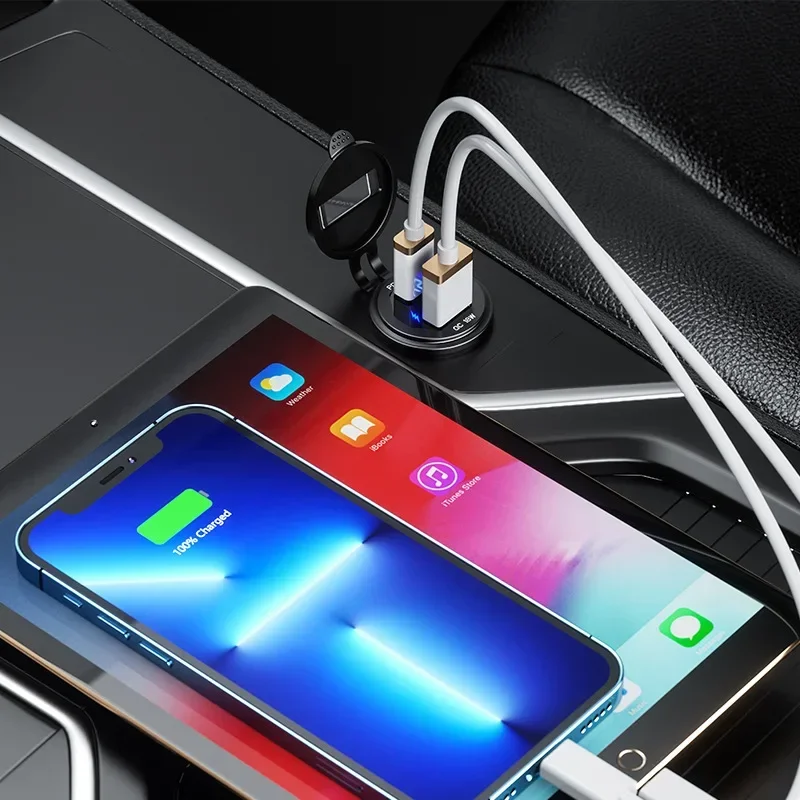 63W Aluminum Quick Charge 3.0 USB + PD Car Charger Socket 12V/24V Dual USB Motorcycle Socket Power Outlet Charge Adapter