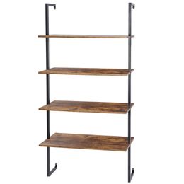 64"Wall Mount Floating Shelves 4 Layers Shelf Bookcase Metal Frame BlackNatural