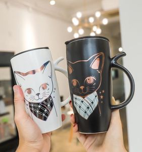 640 ml grand chat en noir et blanc tasse d'eau en céramique mignon tasse de café hauts tasses animales avec couvercle couple drinkware2263286