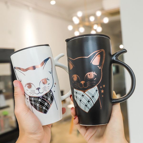 Taza de agua grande de gato blanco y negro de 640ml, bonita taza de café de cerámica, tazas altas de animales con tapa, vasos para parejas