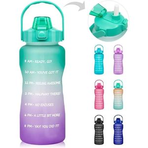 Botella de agua de 64oz y 2000ML con marcador de tiempo, pajita, sin BPA, plástico esmerilado a prueba de fugas, 2L, grande para gimnasio y exteriores bb0124