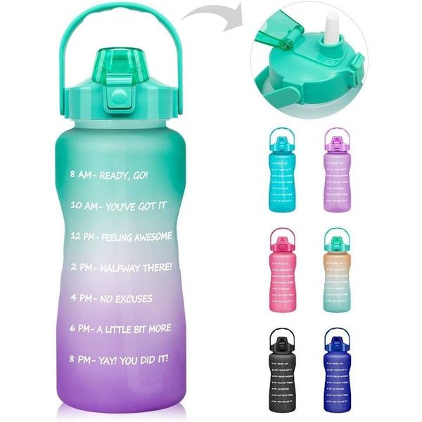Botella de agua de 64 oz y 2000 ml con marcador de tiempo, pajita, sin BPA, a prueba de fugas, plástico esmerilado de trifenilmetano, 2 l, grande para gimnasio al aire libre