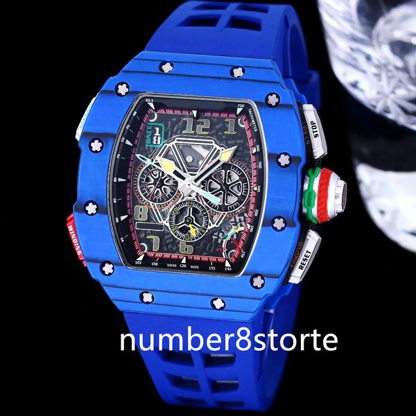 65-01 Blue Carbon Fiber Mens Automatic Mens Watch Swiss Tonneau Wristwatch Sapphire Crystal Imperproof Oversize Sports Watches 5 Colours