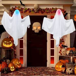 Décorations suspendues de fantômes d'halloween 65x60cm, éclairage suspendu d'halloween, fantômes volants blancs, mur de fenêtre d'arbre, ornement effrayant D4.0