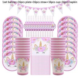 65/81 stks Eenhoorn Feestartikelen Kids Verjaardag Decoratie Wegwerpbare Servies Set Papier Platen Cup Banner Baby Shower Girl Decor