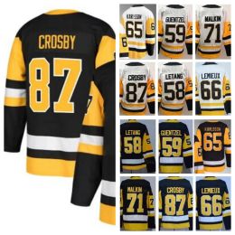 65 Erik Sson Hockey-Trikots 2023 Sidney Crosby Jersey 58 Kris Letang 59 Jake Guentzel 66 Lemieux Evgeni Malkin Schwarz Weiß Herren Ed Neuankömmling