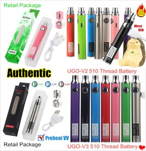 Auténtico UGO-V II 2 510 Thread Vape Pen Baterías UGO V3 Kits de batería de precalentamiento de voltaje variable EVOD VV eGo T Micro USB Passthrough Cartucho Caja de cigarrillos electrónicos