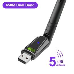 650 Mbps USB WiFi Adapter Receiver 5DBI Externe antenne Dual Band 2,4 GHz 5GHz 650m Draadloze netwerkkaart Stop en Play voor desktop -laptop