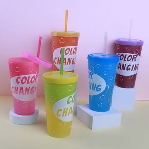Tasse en plastique PP à couleurs changeantes de 650ml, gobelets réutilisables avec couvercles et pailles, pour boissons froides, couleurs variables