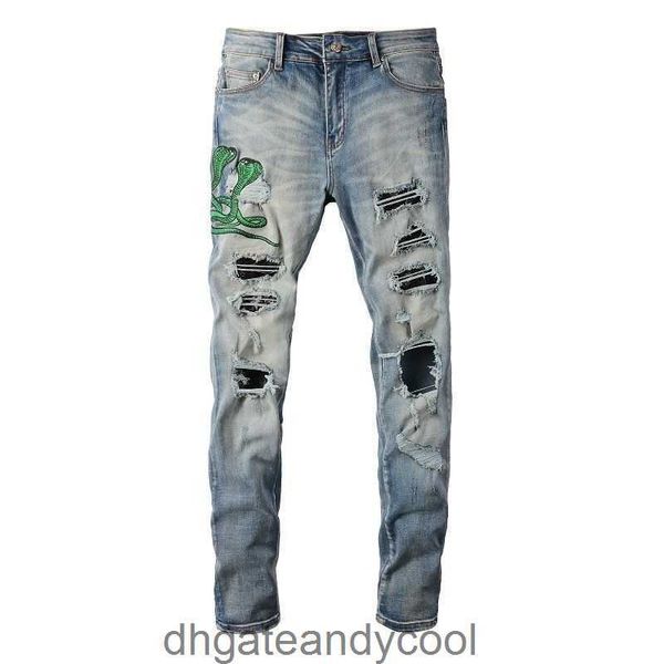 6561 Jeans Pantalons Designer Homme Denim Chao Marque En Détresse Amirres Vert Serpent Broderie Trou Patch Slim Mode Slim Petits Pieds Bleu Jeans Mâle IIGX