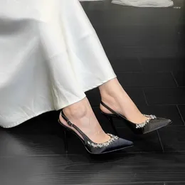 658 Chaussures habillées Strass Col en V Noir Bout pointu Talons hauts Satin Stiletto Strap Style français Escarpins Retour Blanc Mariage Femmes 26681