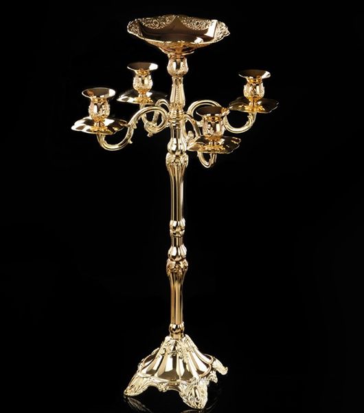 Candelabro con acabado dorado de 65cm con cuenco para flores, candelabro de centro de mesa con soporte de 5 brazos para bodas y eventos
