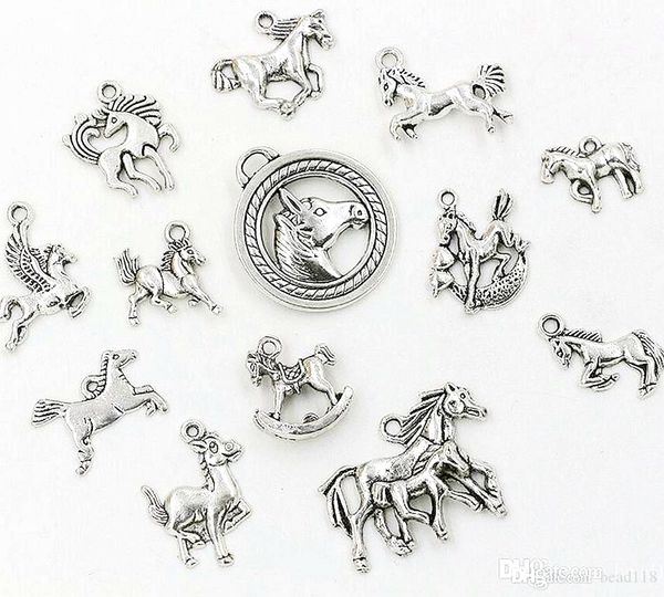 65 Uds. Colgantes de aleación de plata antigua con forma de caballo mezclado para hacer joyas, collares, accesorios DIY 206P