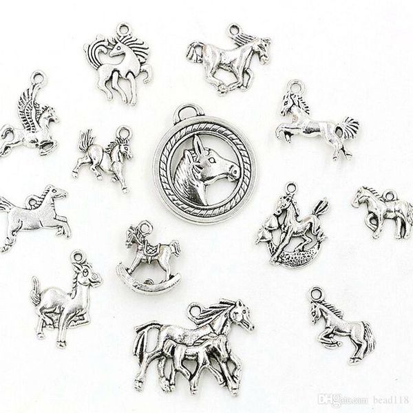 65 Uds. Colgantes de aleación de plata antigua con forma de caballo mezclado para hacer joyas, collares, accesorios DIY 275W