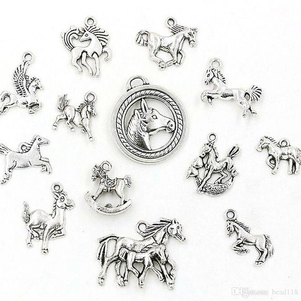 65 Uds. Colgantes de aleación de plata antigua con forma de caballo mezclado para hacer joyas, collares, accesorios DIY 300A