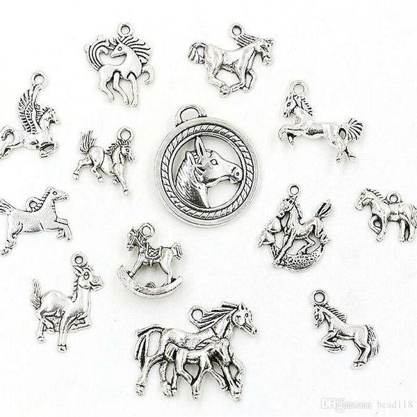 Breloques de cheval mixtes en alliage d'argent Antique, pendentifs pour la fabrication de bijoux, collier, accessoires de bricolage, 65 pièces, 2223