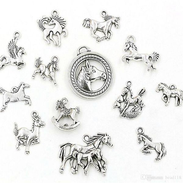 Breloques de cheval mixtes en alliage d'argent Antique, pendentifs pour la fabrication de bijoux, collier, accessoires de bricolage, 65 pièces, 2309