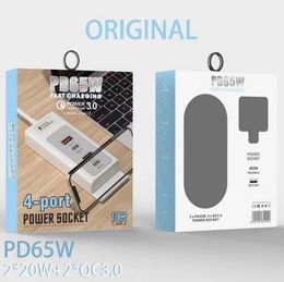 65W 4-poorts USB-oplader Quick Charge 3.0 Fast PD Charger Adapter Station TYPE-C 3A QC3.0 Super Smart Phone PD65W UK US Charger Holder voor iPhone Ipad Apple Samsung met doos