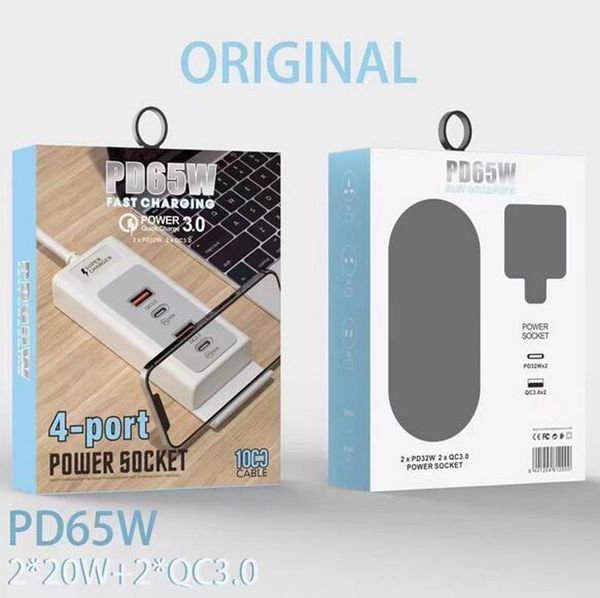 65W 4 puertos Cargador USB Carga rápida 3.0 Estación de adaptador de cargador PD rápido TIPO-C 3A QC3.0 Teléfono súper inteligente PD65W Reino Unido Soporte de cargador de EE. UU. Para iPhone Ipad Apple Samsung con caja