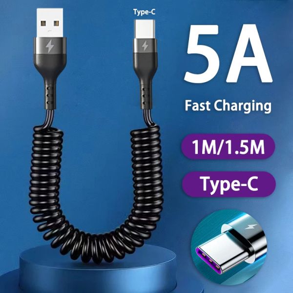 65W 5A Charge rapide Type C Cable Spring Télescopic Car Chargeur Téléphone Câble USB 3A Micro USB pour Samsung Xiaomi Redmi Poco Honor