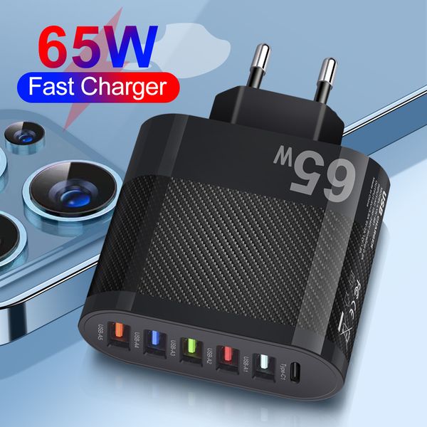 Chargeur de téléphone rapide 65 W 6 ports 5 USB + 1 adaptateur de charge Smart Shunt de type C prise EU US UK téléphone portable QC 3.0 chargeur mural de type C pour iPhone, iPad, tablette