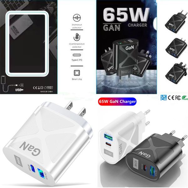 Adaptador de carga rápida GaN de 65W para MacBook Pro Laptop tipo C PD Cargador rápido para iPhone 13 14 iPad Huawei Xiaomi Samsung adaptador de pared EE. UU. UE Reino Unido AU enchufe con caja