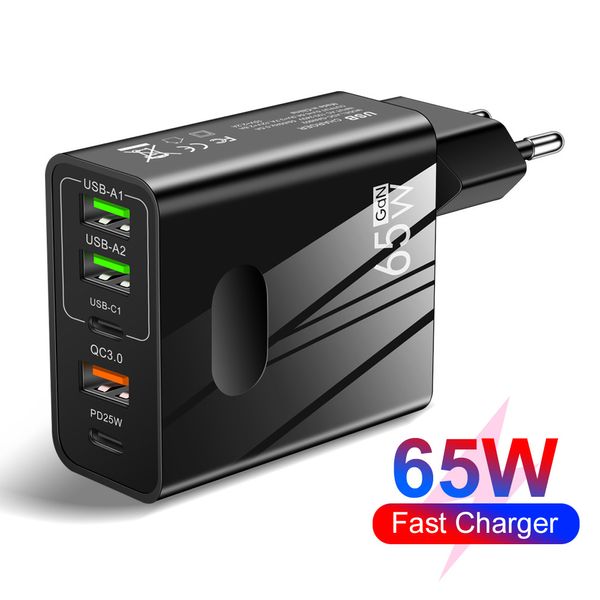 Chargeur GaN USB-C 65 W 5 ports PD 25 W USB Type C Charge rapide QC3.0 Adaptateur secteur Chargeurs muraux US EU UK Prises pour Iphone 15 Plus Samsung Utral Pro Max Travel Home SmartPhone