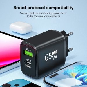 65W GAN USB C Chargeur Fast High Speed Charging Type C QC 3.0 PD Mobile Phone Charger Adaptateur pour iPhone 15 Xiaomi Samsung Huawei